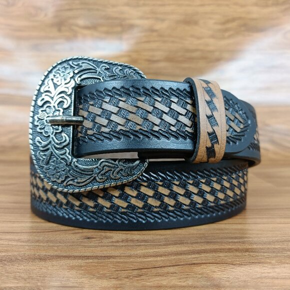 Western Leather Belt | Beautiful Hand-Tooled Basketweave Belt, Gift for Unisex - Picture 1 of 9